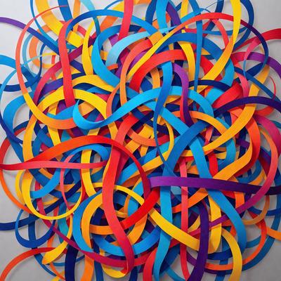 The primary subject of the image is a colorful, swirling pattern made up of various colored strips. The pattern is displayed on a white background, creating a visually striking contrast. The colors and mood of the image are vibrant and lively, with the different colors of the strips creating a dynamic and engaging visual experience.